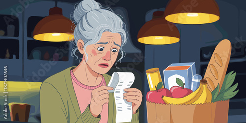 Worried elderly woman holding grocery receipt looking at expenses in kitchen financial strain concept senior adult cartoon character checking bills budget illustration for family finances and rising c