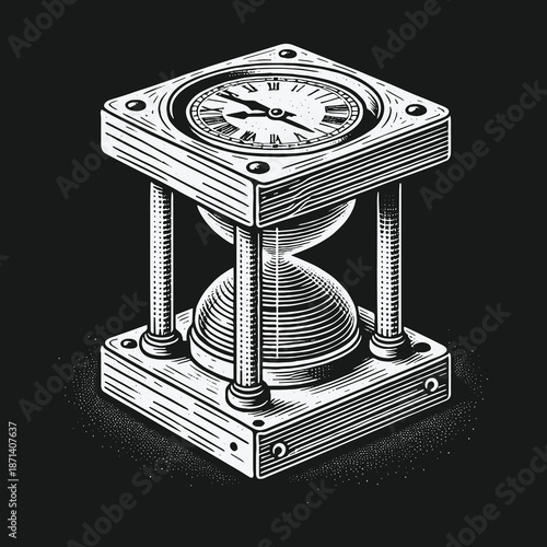Engraved Hourglass with Clock Face: A Timeless Perspective on Time.