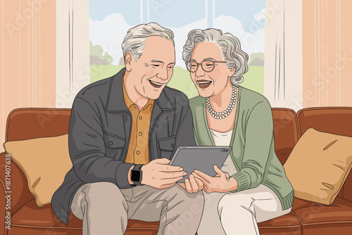 Happy senior couple using tablet computer laughing together on sofa in living room elderly man and woman enjoying technology for communication media entertainment lifestyle family connection digital c