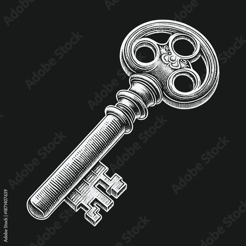 Intricate Engraving of an Antique Key on Black Background.
