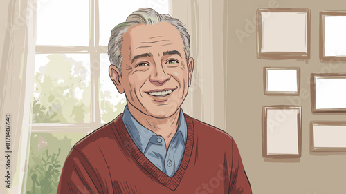 Smiling mature man portrait illustration looking at camera in cozy home setting with window and picture frames senior lifestyle happy retirement concept for family health care advertising and social m