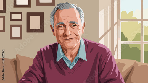 Smiling senior man portrait illustration sitting in living room with window light happy mature older gentleman character design for healthcare marketing materials and senior living community advertise