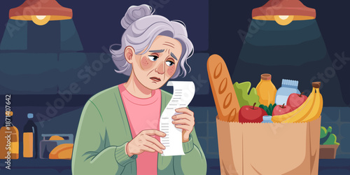 Worried senior woman checking grocery receipt in kitchen with shopping bag full of food produce fruits vegetables financial stress inflation high prices cartoon illustration for healthcare finance adv
