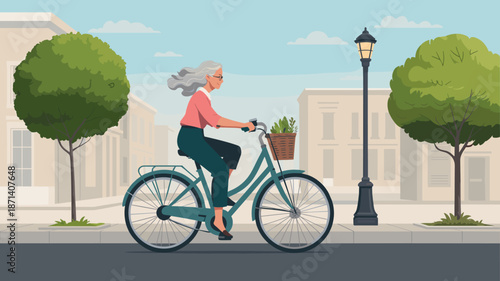 Senior woman riding bicycle down city street enjoying active lifestyle mature female cyclist with basket of fresh produce healthy transportation in urban environment lifestyle and recreation for healt