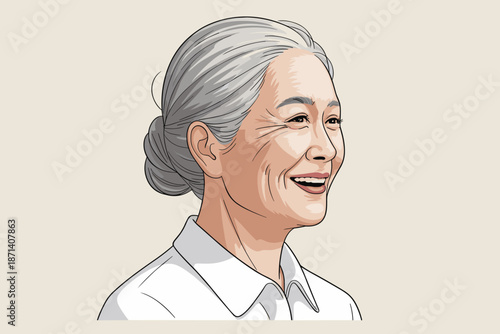 Smiling mature woman character illustration with gray hair in professional attire looking happy positive and optimistic for medical healthcare advertising campaign or senior lifestyle presentation 3D