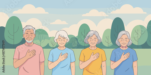 Diverse group of senior people standing outdoors with hands on heart in peaceful mindful meditation or gratitude practice in nature park setting for wellness healthcare community support older generat