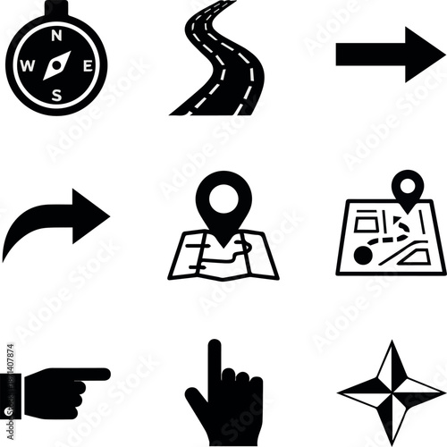  Direction icon set. Containing route, itinerary, compass, arrow symbol, path, way, pointing direction and map icons. Solid icon collection.