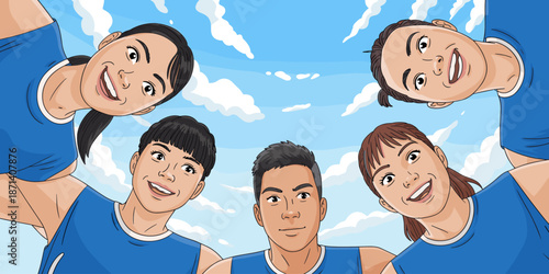 Diverse cartoon athletes team huddle looking down smiling together in unity against blue sky and clouds illustration representing teamwork collaboration and togetherness for sports fitness wellness an