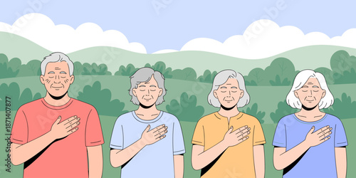 Diverse senior community pledging allegiance with loyalty respect and devotion in outdoor nature setting elderly people showing patriotism unity and commitment concept for national pride celebrations
