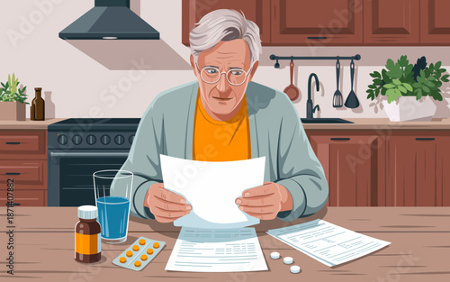 Worried senior man reviews medical bills at home concerned about healthcare costs retirement planning and health insurance coverage cartoon illustration for financial planning support in senior living
