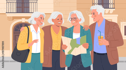 Group of senior tourists navigating with a map on vacation exploring European city together mature friends enjoying retirement travel adventure happy elderly travelers sightseeing for tourism marketin