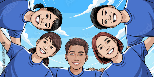 Diverse cartoon team looking down smiling in blue sky background cheerful friendly group dynamic character illustration for teamwork collaboration unity friendship support community healthcare educati
