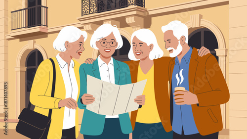 Group of senior tourists consulting map for directions while sightseeing on european vacation together mature friends enjoying city tour older travelers exploring destination using travel guide for ho