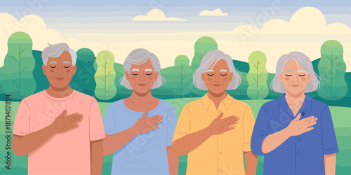 Diverse group of senior citizens with hands over heart in patriotic display of unity and solidarity in nature setting honoring country for community event public service announcement lifestyle illustr