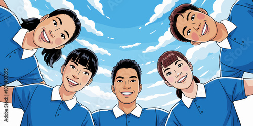 Happy diverse cartoon team looking down against cloudy sky cheerful multiethnic group of friends smiling together in unity and support for teamwork collaboration and community service volunteer organi