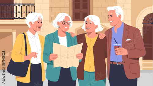 Happy senior friends traveling together looking at map in old european city street on sunny vacation enjoying retirement lifestyle and friendship in tourism travel destination planning mediterranean a