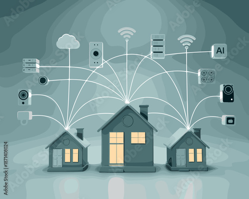 Smart home automation system controlling modern houses with wireless technology and artificial intelligence connected devices for security monitoring and energy efficiency in residential buildings fut