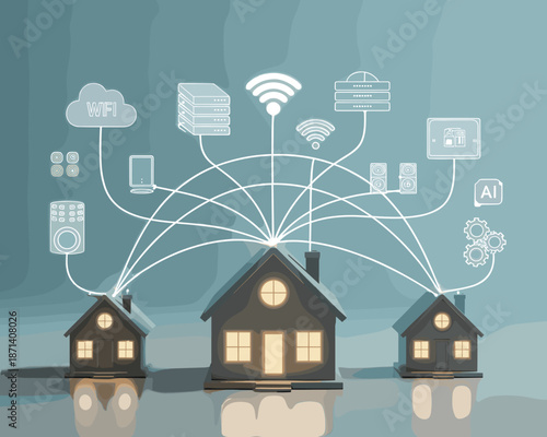 Smart home network connected devices 3D render illustration featuring wifi cloud data servers speakers ai automation system remote control technology for modern lifestyle digital connectivity iot solu
