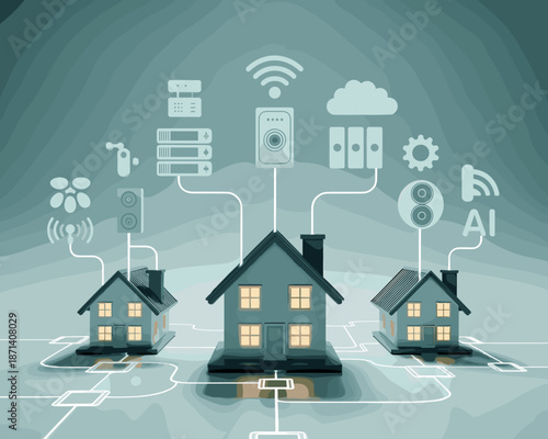 Smart home automation system connecting houses to cloud server and ai technology network for remote control security and energy efficiency in modern residential buildings for real estate and iot solut