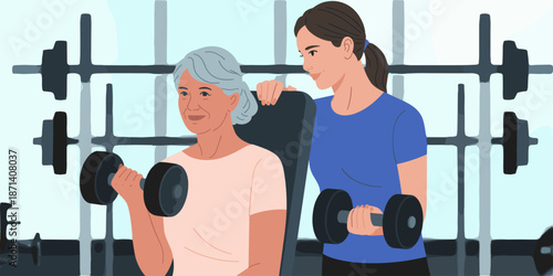 Senior woman lifting weights with personal trainer in modern gym for strength training fitness exercise program wellness motivation healthcare active lifestyle workout coaching rehabilitation support