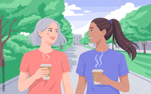 Smiling diverse women walking together holding coffee cups in city park mature and young adult female friends enjoying a stroll outdoors friendship and connection lifestyle concept for community healt