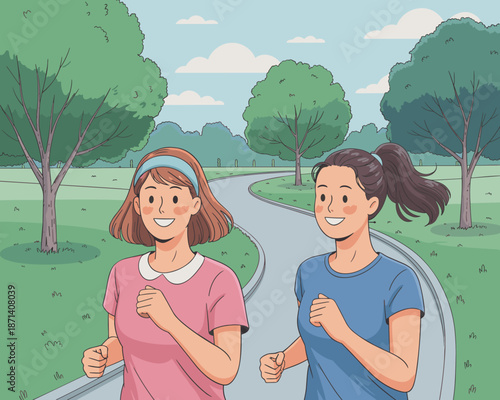 Two cheerful sporty women jogging together on paved path through lush green park landscape healthy lifestyle fitness and wellness concept illustration for health and fitness blogs outdoor activity pro