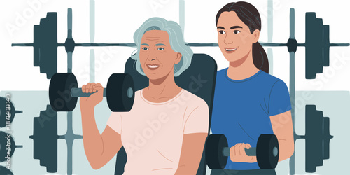 Active senior woman lifting dumbbells with personal trainer in modern gym physical therapy rehabilitation program exercise guidance strength training assistance for elderly healthcare fitness lifestyl