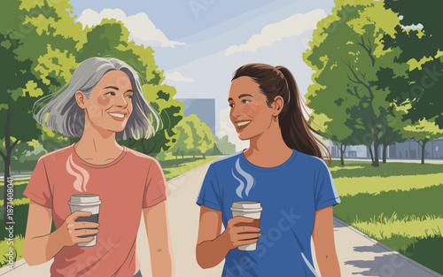 Two diverse women walking together with coffee cups in a green park setting enjoying a sunny day promoting wellness and healthy lifestyle for social media marketing campaigns and healthcare industry a