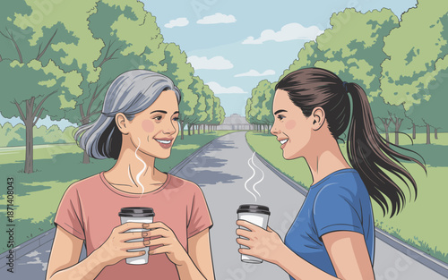 Two smiling women with coffee cups walking and talking together happily in green park on sunny day diverse female friends enjoying conversation outdoors leisure lifestyle for advertising healthcare we