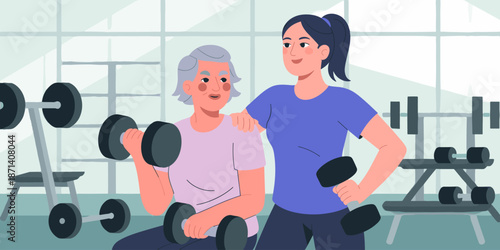 Senior woman lifting dumbbells with personal trainer in modern gym for strength training and rehabilitation exercise program wellness journey healthcare fitness lifestyle concept for older adults supp