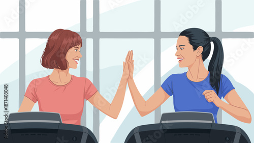 Two smiling athletic women high-fiving on treadmills in modern gym promoting teamwork fitness motivation and healthy lifestyle goals happy friends exercising together in wellness center for sports adv