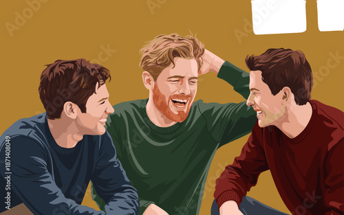 Cheerful young men laughing together having fun friends enjoying good time positive friendship happy gathering illustration vector art for social media marketing advertising youth lifestyle joyful con