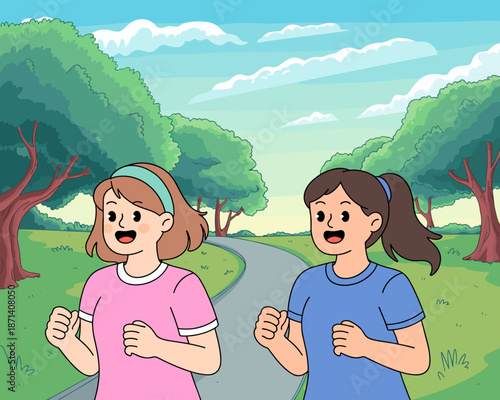 Two happy cartoon women jogging running together in sunny green park outdoor fitness exercise wellness friendship concept illustration for health and lifestyle content advertising marketing material v