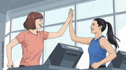 Two cheerful young women giving high five while working out on treadmills in modern gym fitness center healthy lifestyle exercise motivation teamwork collaboration concept for wellness programs and sp