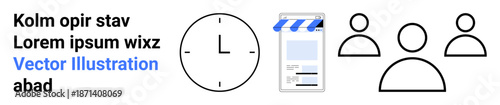 Time management, e-commerce businesses, teamwork, customer engagement, online scheduling, productivity. A clock, storefront and people icons in a minimalist design. Time management and e-commerce