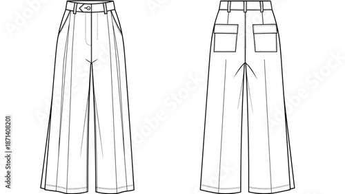 Fashion technical drawing illustrates stylish wide-leg pleated pants with high waist and cargo pockets for clothing design, garment production, and apparel industry applications, s.