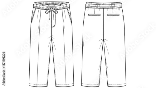 Trendy cropped pants flat sketch showcases a relaxed modern style, perfect for fashion design projects, technical drawings, and apparel development with elastic waist and minimalis.