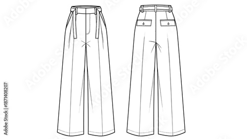 Palazzo pants technical fashion sketch showcases modern wide leg trousers design with pockets and belt loops, offering professional style for pattern making and apparel production.