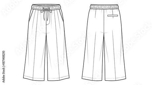 Trendy wide-leg pants fashion sketch for modern apparel design showcases an elastic waist, drawstring, pockets, and comfortable fit, making it perfect for casual lifestyle and styl.