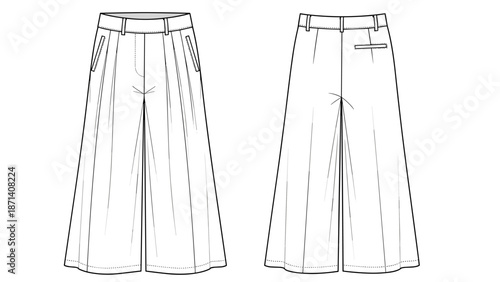 Stylish wide-leg trousers illustration showing front and back views, perfect for fashion design, technical drawings, garment construction, product catalogs, or apparel creation,.