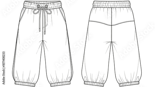 Fashionable technical drawing of sweatpants with elastic waist and cuffs showcases athletic apparel design for style guides, product visualization, and textile manufacture, offerin.