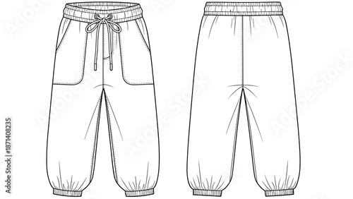 Fashionable baggy jogger pants with pockets sketch showcase modern apparel design, perfect for casual streetwear, athletics, yoga, or dance apparel with stylish elastic waistbands.