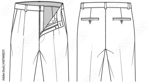 Classic Men's Trousers Design Illustration Showcasing Front and Back Views for Fashion Industry Design Projects, Technical Drawings, and Garment Construction Reference with Detaile.