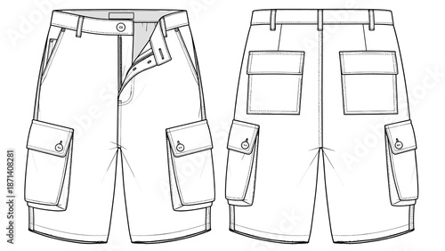 Fashionable technical drawing of modern cargo shorts offers a front and back view design for apparel patternmaking, sewing, tailoring and custom fashion design illustrating modern.
