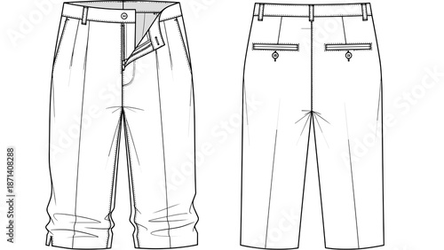 Tailored Cropped Trousers Technical Flat Fashion Sketch for Garment Industry, Front and Back Views Showing Pleated Design, Pockets, Waistband, and Hem Details in Apparel Design Ill.