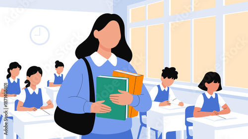 Dedicated female teacher holding books in classroom with students learning educational concept school education system teacher student interaction knowledge transfer for student success learning envir
