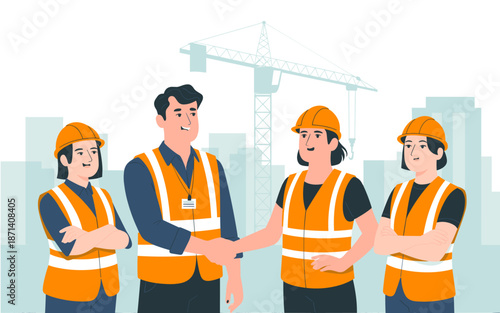 Construction engineers shaking hand on building site with worker team wearing safety vests and hardhats architectural project collaboration partnership development successful teamwork concept for real