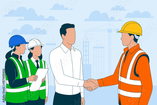 Construction workers engineers architects shaking hands on building site deal agreement collaboration for architecture engineering civil industrial project management teamwork concept business meeting