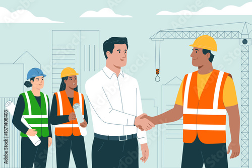 Diverse construction worker team shaking hands on building site architect engineer collaboration partnership agreement deal in urban city landscape for architecture engineering industry teamwork succe