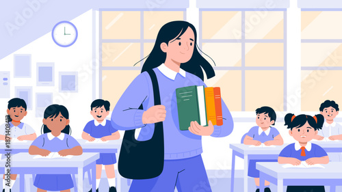 Smiling young woman teacher holding books walking in classroom with students sitting at desks learning in school education concept professional illustration for teaching materials educational resource